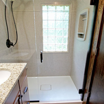 Small Bathroom Remodel with Cultured Marble Shower, Granite Countertops,