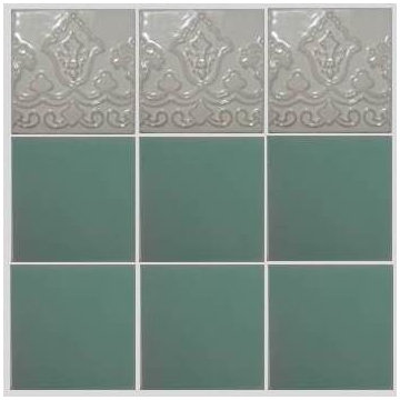 Monochrome High Relief tiles, bordering Malaquita Mate Solid Color tiles.