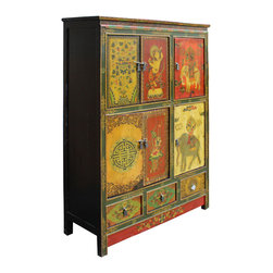 Chinese Tibetan Jewel Flower Elephant Deity Graphic Tall Credenza Cabinet - Accent Chests And Cabinets