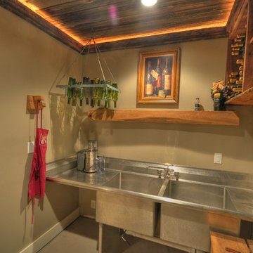 Contemporary-Rustic finished basement with reclaimed barn beams & wine room