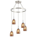 Woodbridge Lighting - Woodbridge Lighting Venezia 5-Light Pendant Chandelier, Satin Nickel, Round, 24"d, Mosaic Amber - The Venezia collection is a series of hanging lights featuring uniquely colored designer glass. With many color options to choose from, this transitional design can blend in many rooms with different colors and themes.   This pendant chandelier hangs 5 tulip shaped mosaic glasses spread around a large metal ring to create a carousel for a contemporary touch.