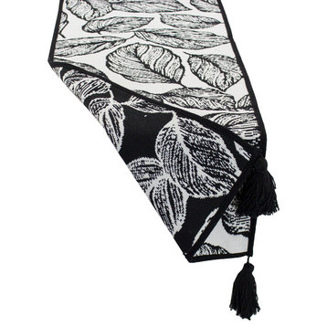 Black and White Woven Table Runner, 14x71 Inch, Black Leaf