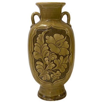Chinese Ceramic Brown Glaze Earthenware Flower Accent Vase Hws2762