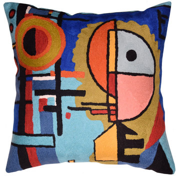 Kandinsky Upwards Abstract Pillow Cover Blue Decorative Hand Embroidered 18x18