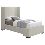 Meridian Furniture - Oxford Linen Textured Fabric Upholstered Bed, Beige, Twin - Treat yourself to a fresh new look in your bedroom sanctuary with this twin-size Oxford linen textured bed. This bed features an oversized wing-back headboard for a majestic appearance and is upholstered in rich beige linen textured fabric all over, adding an element of elegance to your room. The espresso legs contrast nicely with the fabric, bringing this midcentury modern design to life. As a bonus, this bed requires no box spring.