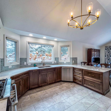 Two Tone Kitchen with Wood & Irish Creme Painted Cabinets w/ Quartz Countertop