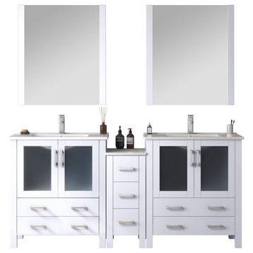 Lexora Volez 72" Vanity Cabinet, White, Top, Mirror, 4 Doors, 7 Drawers