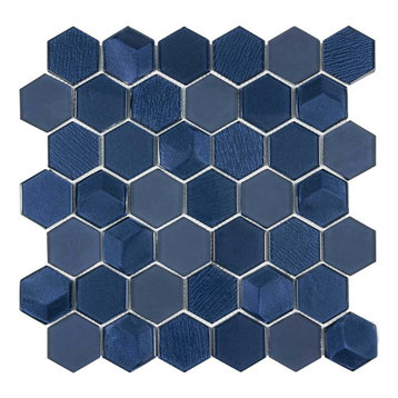 MTO0338 Modern Hexagon Blue Bold Glossy Metallic Glass Mosaic Tile