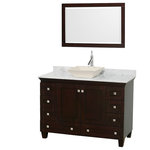 Wyndham Collection - Acclaim 48" Espresso Single Vanity, Carrara Marble Top, Pyra Bone Sink, 24" - Sublimely linking traditional and modern design aesthetics, and part of the exclusive Wyndham Collection Designer Series by Christopher Grubb, the Acclaim Vanity is at home in almost every bathroom decor. This solid oak vanity blends the simple lines of traditional design with modern elements like beautiful overmount sinks and brushed chrome hardware, resulting in a timeless piece of bathroom furniture. The Acclaim is available with a White Carrara or Ivory marble counter, a choice of sinks, and matching Mrrs. Featuring soft close door hinges and drawer glides, you'll never hear a noisy door again! Meticulously finished with brushed chrome hardware, the attention to detail on this beautiful vanity is second to none and is sure to be envy of your friends and neighbors