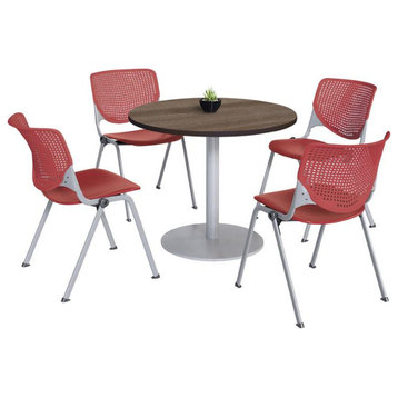 KFI 42" Round Dining Table - Teak Top - Silver Base - Kool Chairs - Coral