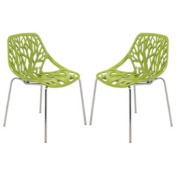 LeisureMod Modern Asbury Dining Chair With Chromed Legs, Set of 2 Green