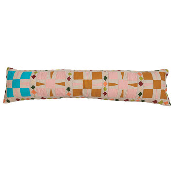 Embroidered Cotton Lumbar Pillow with Patchwork Detail, Multicolor