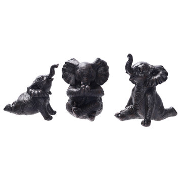 Resin Set of 3 6" Stone Look Yoga Elephant, Antique Black