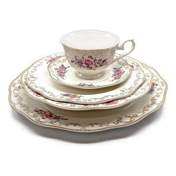 Royalty Porcelain "Ruby Rose" 5-pc White & Gold Floral Dinnerware Set