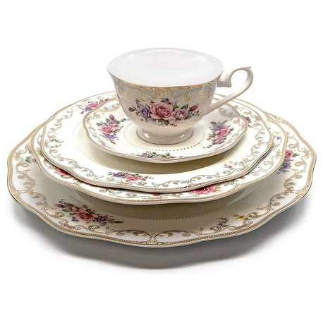 Royalty Porcelain "Ruby Rose" 5-pc White & Gold Floral Dinnerware Set