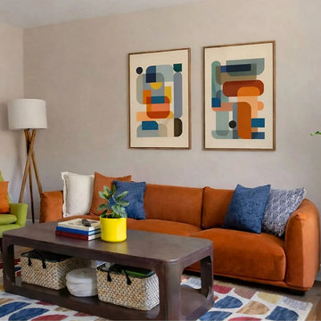Color Pop Media Room with Rust Sofa and Abstract Art