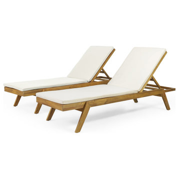 Larimore Outdoor Acacia Wood Chaise Lounge with Cushions (Set of 2), Cream + Teak