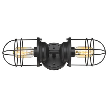 Seaport 2 Light Wall Sconce, Matte Black With Matte Black Metal Cage