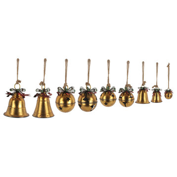 Set of 9 Assorted Sized Hanging Christmas Bells, Antique Gold