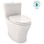 Toto - Toto Aquia IV 1P Elong 2-Flush 1.28 and 0.8GPF Toilet Colonial White - The Aquia IV One-Piece Elongated Dual Flush 1.28 and 0.8 GPF Universal Height WASHLET+  Ready Toilet with CEFIONTECT is the epitome of modern form and function. The skirted design conceals the trapway, which enhances the elegant look of the toilet and adds an additional level of sophistication. The one-piece design is not only aesthetically pleasing, but also offers the benefit of being easier to clean versus a two-piece toilet. By removing the gap between the tank and bowl, we eliminate the hiding place for dirt and debris. An additional benefit of the one-piece toilet is that there is no threat of leaks from bolts or gaskets that can occur in two-piece toilets. The Aquia IV features TOTOs DYNAMAX TORNADO FLUSH, utilizing a 360 degree cleaning power to reach every part of the bowl. This version of the Aquia IV includes CEFIONTECT technology, a layer of exceptionally smooth glaze that prevents particles from adhering to the ceramic. This feature, coupled with DYNAMAX TORNADO FLUSH, helps to reduce the frequency of toilet cleanings, minimizing the usage of water, harsh chemicals, and time required for cleaning. The enhanced design of the Aquia IV inner bowl reduces water flow resistance and turbulence, resulting in a quieter flush. The chrome center-mounted push button that sits atop of the tank allows you to proactively conserve water by choosing between a 0.8 GPF rinse or 1.28 GPF for tougher jobs. This version of the Aquia IV offers TOTO T40 WASHLET+ compatibility for when you are ready to upgrade. WASHLET+ toilets feature a channel on the bowl surface to help conceal your WASHLET+ supply line and power cord for seamless integration. The Universal Height design allows for a more comfortable seat position across a wide range of users. The TOTO Aquia IV meets the standards for EPA WaterSense, and Californias CEC and CALGreen requirements. The Aquia IV comes ready for install into a 12" rough-in, but may be adapted for a 10" or 14" rough-in with the purchase of a separately sold adapter. Includes a SoftClose toilet seat (#SS124). Additional items needed for installation and use must be purchased separately: wax ring, toilet mounting bolts, and water supply lines.