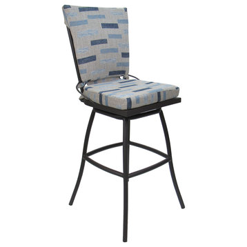 Outdoor Patio Bar Stool Jamey Without Arms, Block Weave Blue Beige Gray, 34"