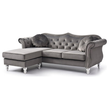 Hollywood 81 in. Gray Velvet Chesterfield Sectional Sofa With 2-Throw Pillow