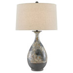 Currey & Company - Frangipani Table Lamp - The floral motif on the porcelain body of the Frangipani Table Lamp inspired its name. Shades of cream, tan and blue ornament the elegant brown table lamp, and the pale hues are echoed by the natural linen shade.