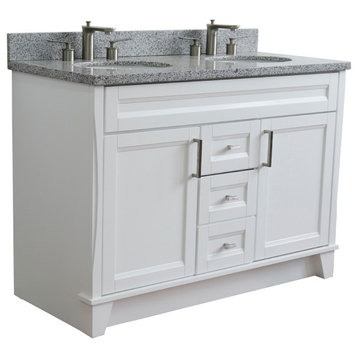 48" Double Sink Vanity, White Finish With Gray Granite And Oval Sink