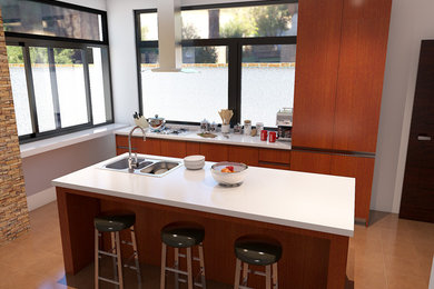 Kitchen pantry - mid-sized modern ceramic tile and beige floor kitchen pantry idea in Other with a double-bowl sink, orange cabinets, solid surface countertops, an island and white countertops