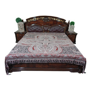 Mogul Interior - Mogul Moroccan Bedding Pashmina Wool Red Black Paisley Blanket Throw - Gorgeous & intricate ethnic medium Rust, Black and Pink reversible warm jamavar wool Indian bedspread bed cover in exquisite huge swirling floral paisley motifs from India.