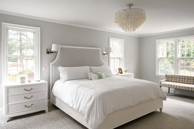 Example of a trendy master carpeted and gray floor bedroom design in Boston with gray walls