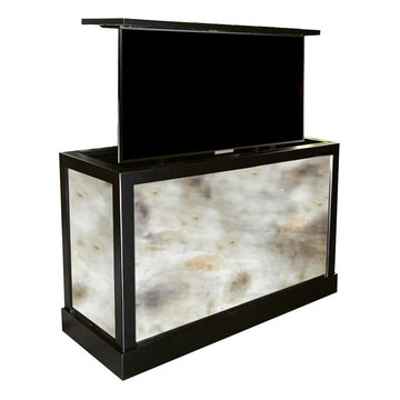 Antique Mirror furniture hides 2 TVs back to back at foot of the bed with lift