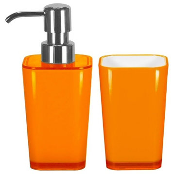 Bathroom Accessories Set, 2 Pieces, Liquid Soap Dispenser and Tumbler, Orange