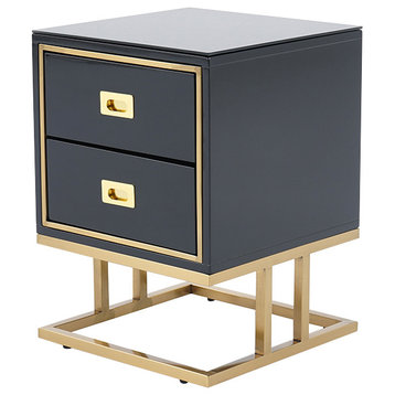 Modern Black Nightstand 2-Drawer Bedside Table with Tempered Glass Top