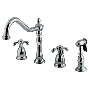 Kingston Brass Widespread Kitchen Faucet With Brass Sprayer, Polished Chrome