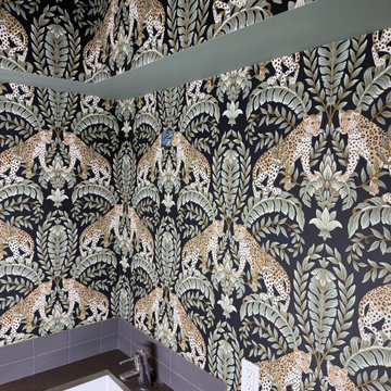 Leopard Botanical Wallpaper in a Full Bathroom