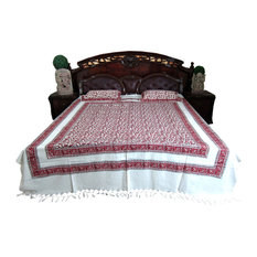Mogul Interior - Cotton Tapestry Bedspreads White Maroon Floral Printed Indian Bedding - Blankets