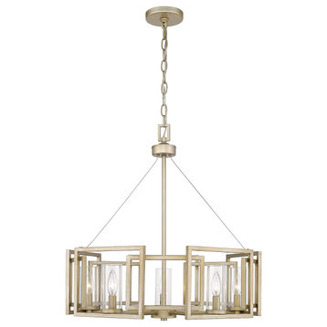 Unique Chandelier, Geometric Frame & Cylindrical Glass Shades, Gold