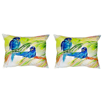 Pair of Betsy Drake Two Blue Parrots No Cord Pillows 16 Inch X 20 Inch