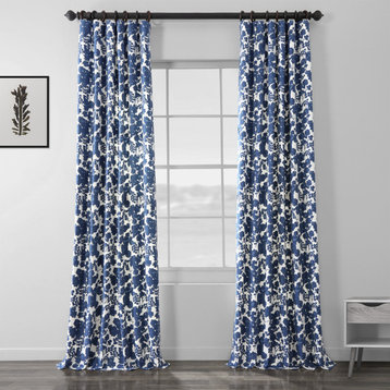 Fleur Blue Printed Cotton Twill Curtain Single Panel, 50"x 120"