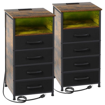 2 Pack Nightstand, Open Shelf With LED Lights & USB Charging Ports, Rustic Brown