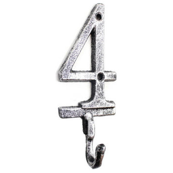 Rustic Silver Cast Iron Number 4 Wall Hook 6''
