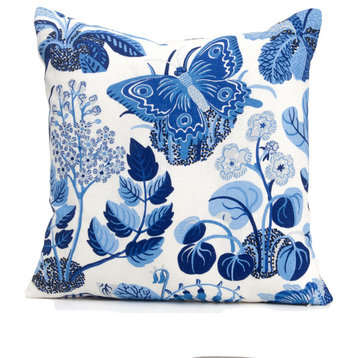 Schumacher exotic butterflies pillow cover, blue and white pillow cover, 24x24