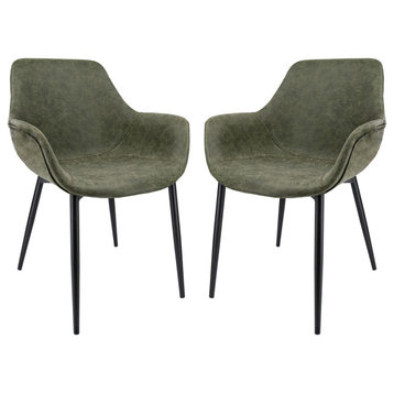 Modern Leather Dining Arm Chair, Metal Legs Set of 2, Olive Green, EC26G2
