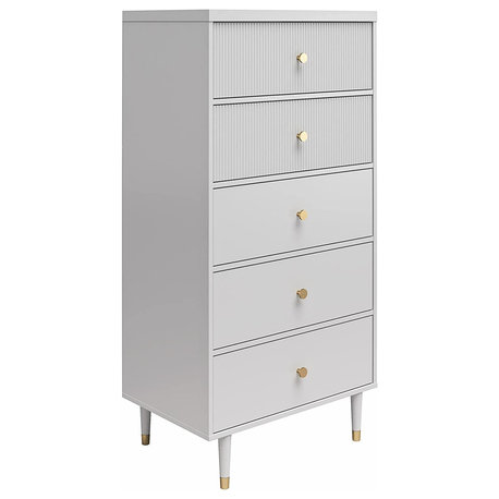 Midcentury Modern Dresser with Ribbed Front and Gold Accents 5 Drawer Design