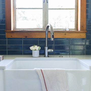 Navy Blue Brick Backsplash with Farmhouse Sink