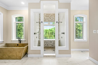 Transitional master ceramic tile and single-sink bathroom photo in DC Metro with a freestanding vanity, furniture-like cabinets, light wood cabinets, beige walls, quartz countertops and white countertops