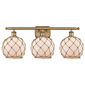 Farmhouse 3-Light Bath Vanity-Light, Brushed Brass, White Glass With Brown Rope