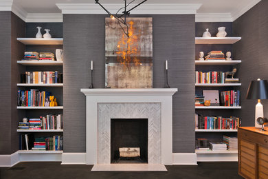 Mid-sized contemporary formal open concept living room in DC Metro with grey walls, dark hardwood floors, a standard fireplace and a tile fireplace surround.