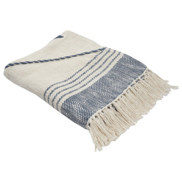 Blue and Off White Woven Cotton Striped Throw Blanket